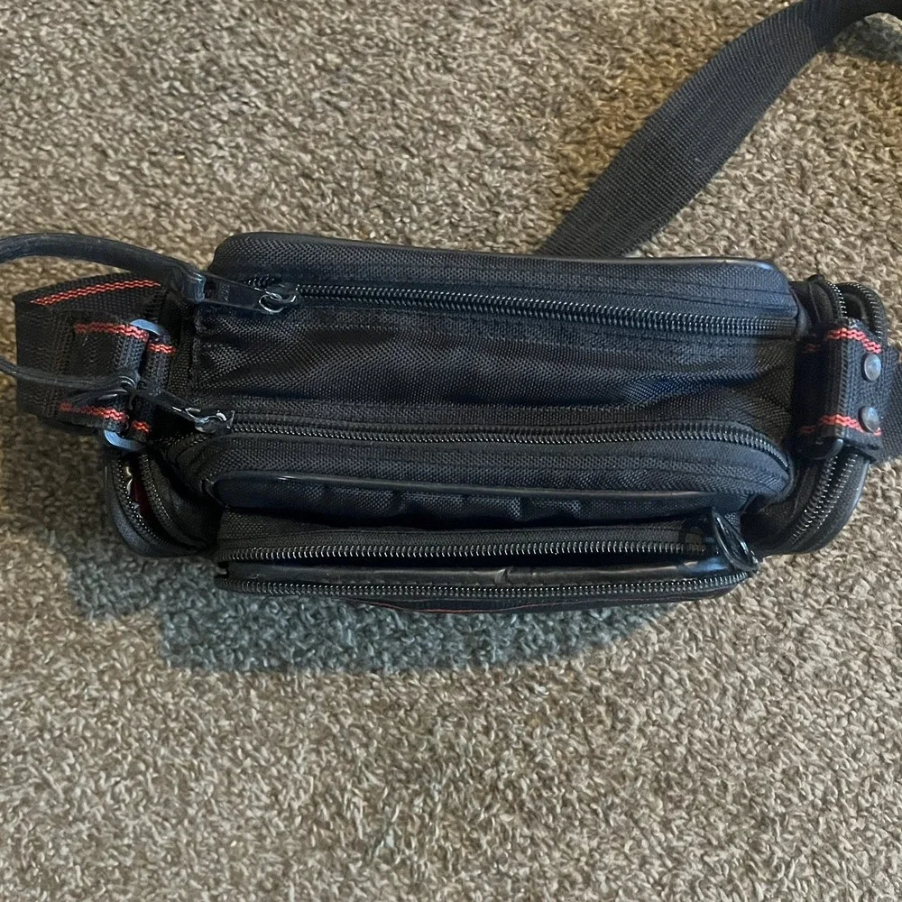 Black Camera Bag With Shoulder Strap Dual Top Zipper Red Interior